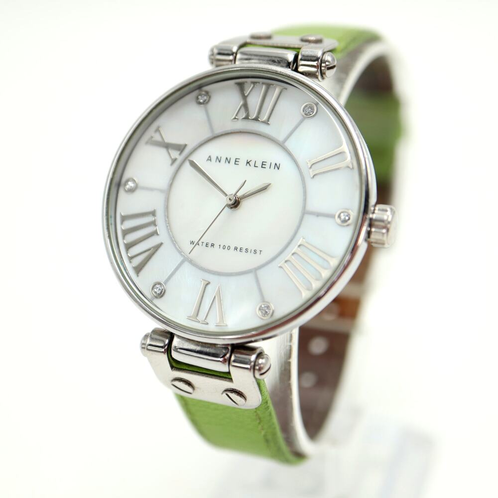Anne Klein Silver Tone 34mm Round MOP Dial Watch Green Leather with New Battery